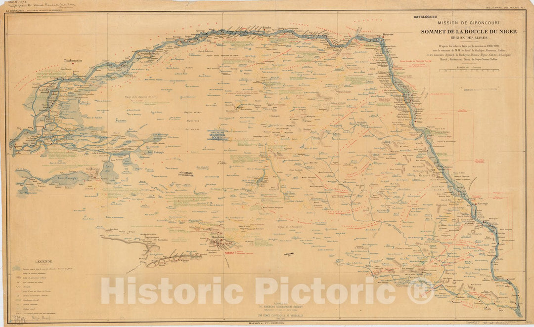 Map : Niger River between Tombouctou and Dounzou, Niger, Africa, Sommet de la boucle du Niger : region de mares , Antique Vintage Reproduction