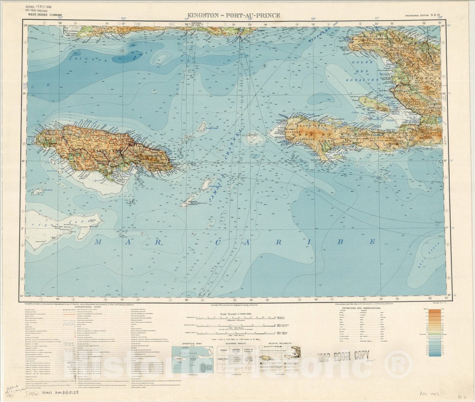Map : Kingston--Port-au-Prince, Haiti 1940 1947, Map of Hispanic America, Antique Vintage Reproduction