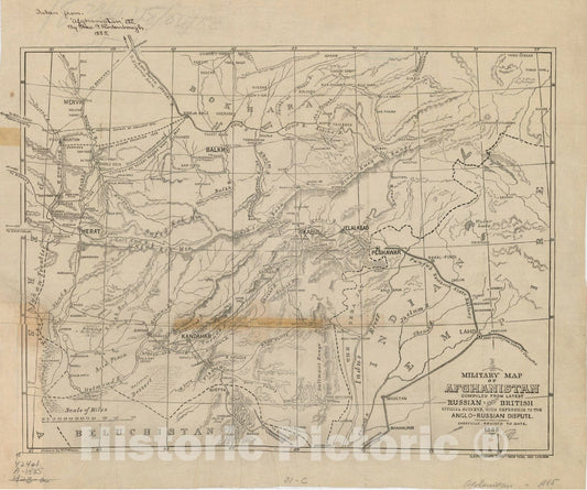 Map : Afghanistan 1885, Military map of Afghanistan compiled from latest Russian and British official surveys with reference to the Anglo-Russian dispute