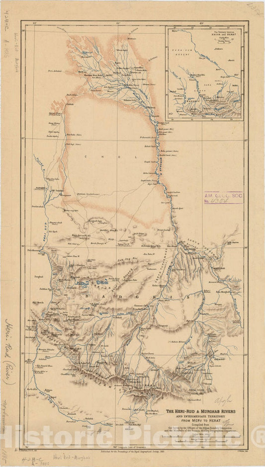 Map : Heri-Rud & Murghab Rivers, Afghanistan 1885, The Heri-Rud & Murghab Rivers and intermediate territory from Merv to Herat , Antique Vintage Reproduction