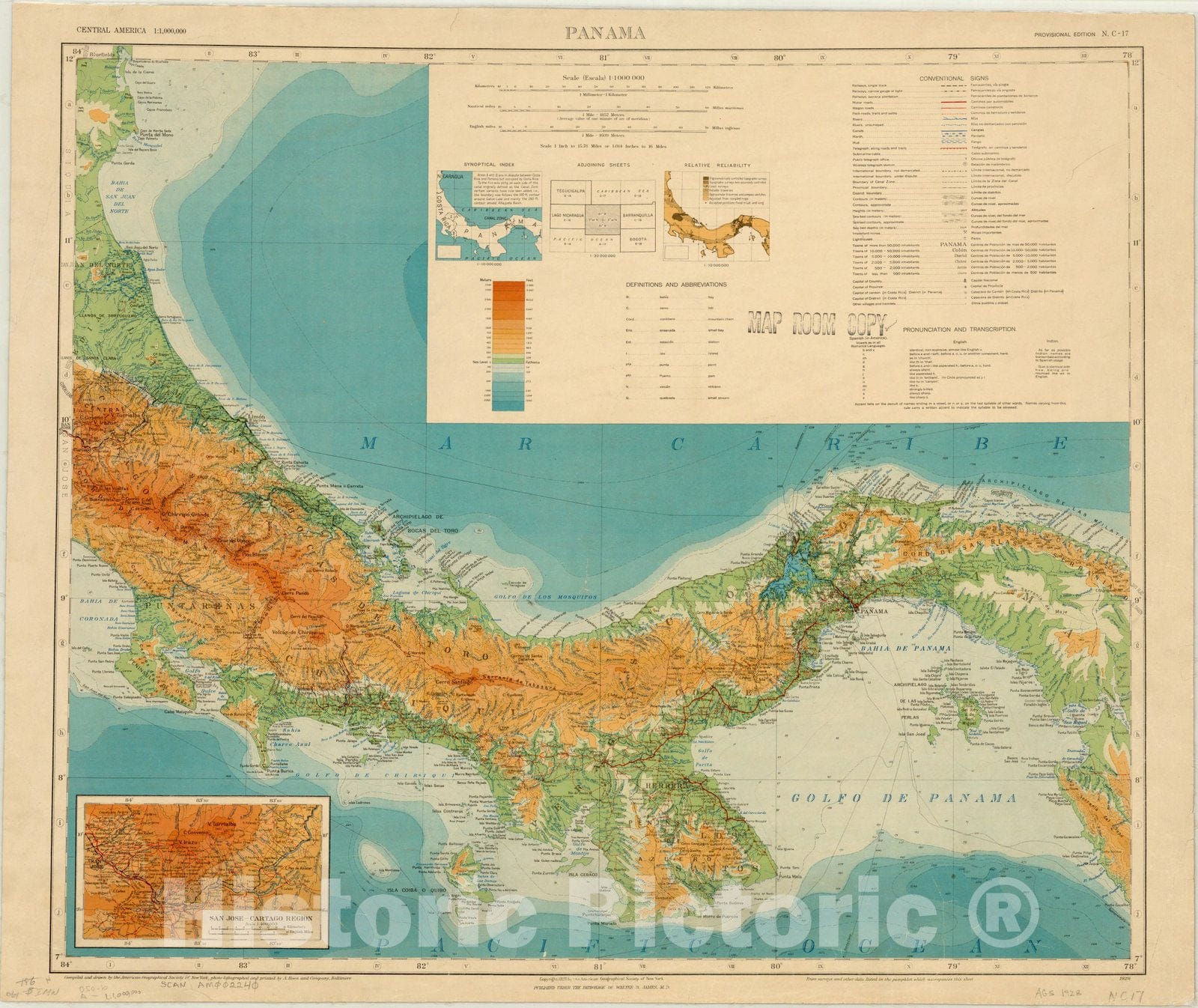 Map : Panama (San Jose-Cartago Region inset) 1928 1, Map of Hispanic America, Antique Vintage Reproduction