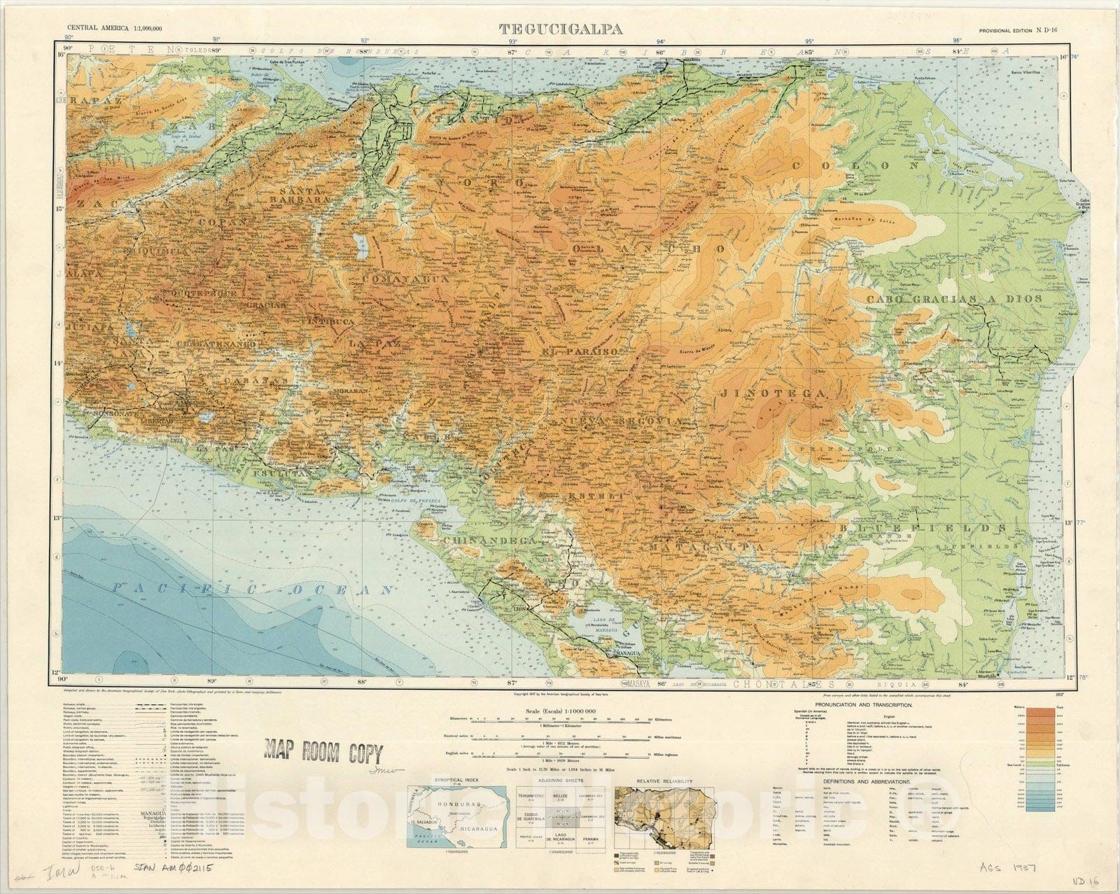 Map : Tegucigalpa, Nicaragua 1937, Map of Hispanic America, Antique Vintage Reproduction