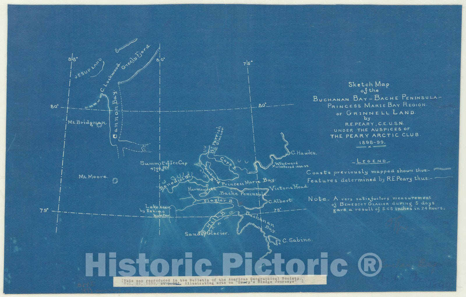 Map : Ellesmere Island, Nunavut 1899, Sketch map of the Buchanan Bay, Bache Peninsula, Princess Marie Bay Region of Grinnell Land , Antique Vintage Reproduction
