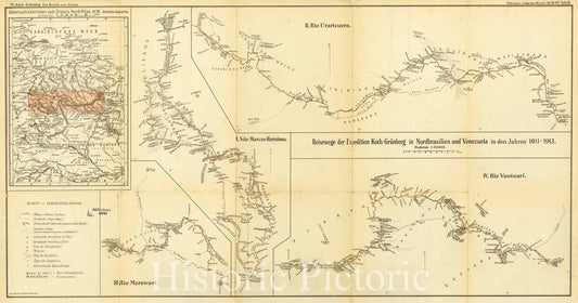 Map : Brazil 1917, Reisewege der Expedition Koch-Grunberg in Nordbrasilien und Venezuela in den Jahren 1911-1913., Antique Vintage Reproduction