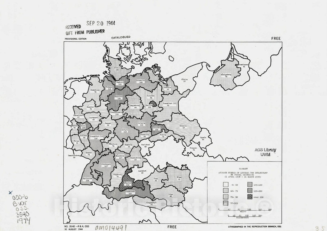 Map : Germany 1944, Germany, average number of letters per inhabitant by postal districts (1 April 1938 - 31 March 1939) , Antique Vintage Reproduction
