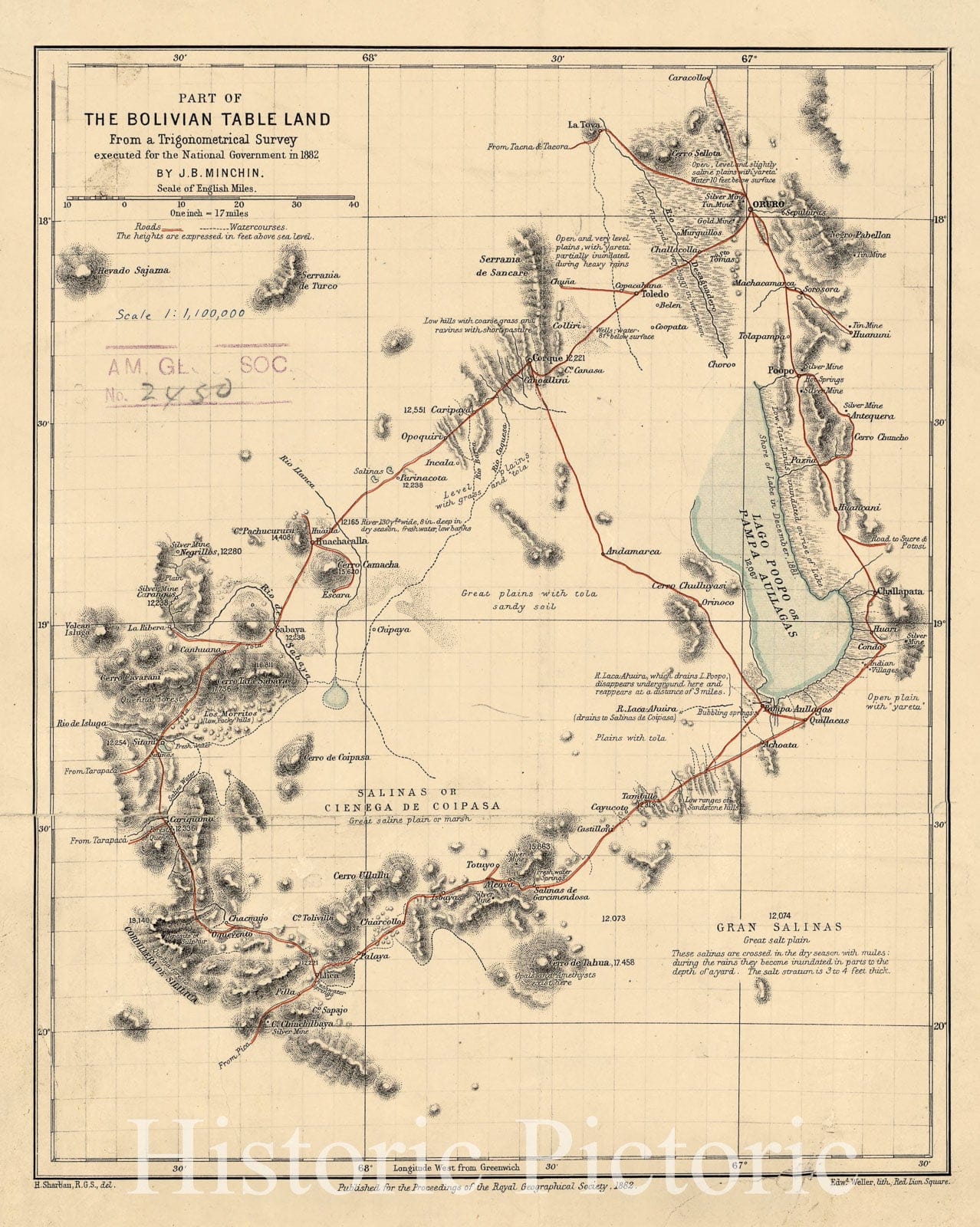 Map : Bolivia 1882, Part of the Bolivian table land , Antique Vintage Reproduction