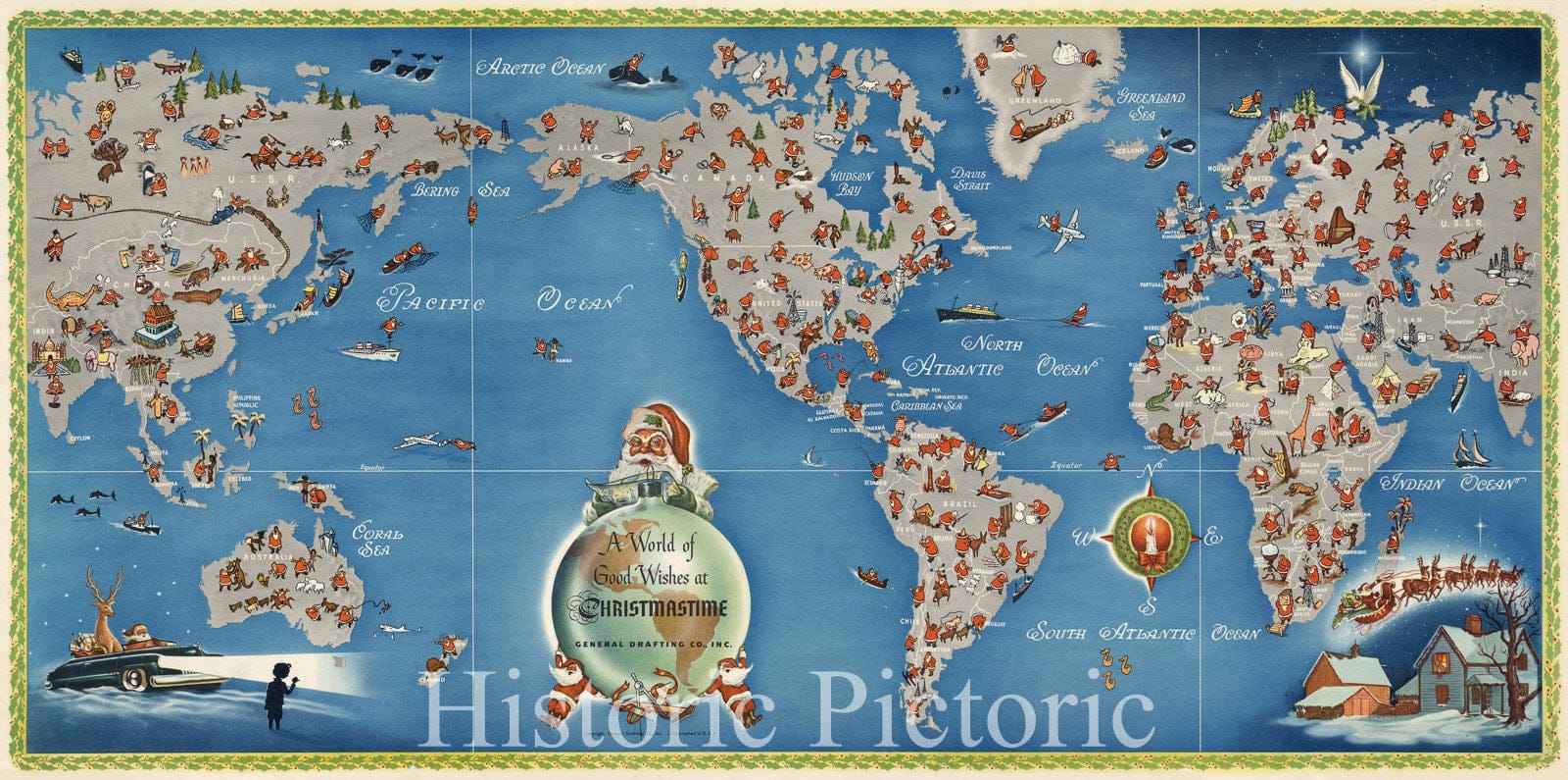 Map : A World of Good Wishes at Christmastime, Santa across the World 1950 Vintage Reproduction