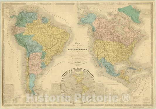 Map : Western Hemisphere 1860, Carte physique & politique des deux Ameriques , Antique Vintage Reproduction