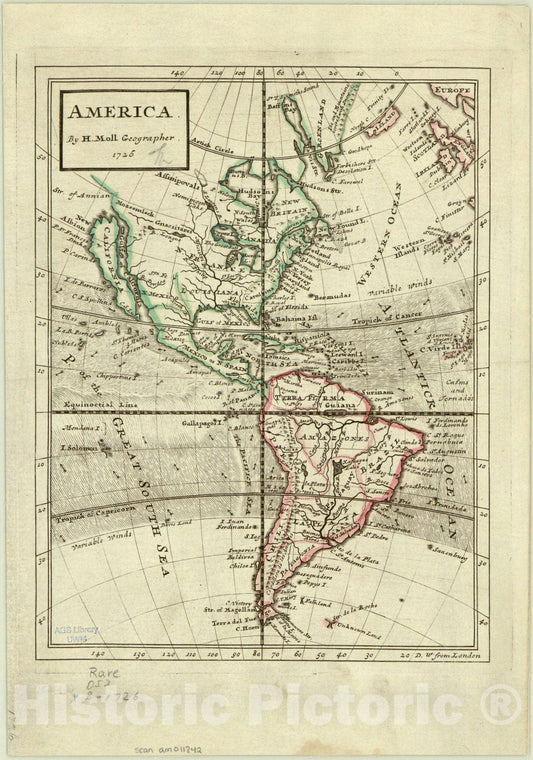 Map : America 1726, America , Antique Vintage Reproduction