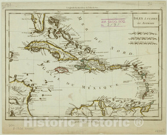 Map : West Indies 1784, Isles Lucayes et Antilles, Antique Vintage Reproduction
