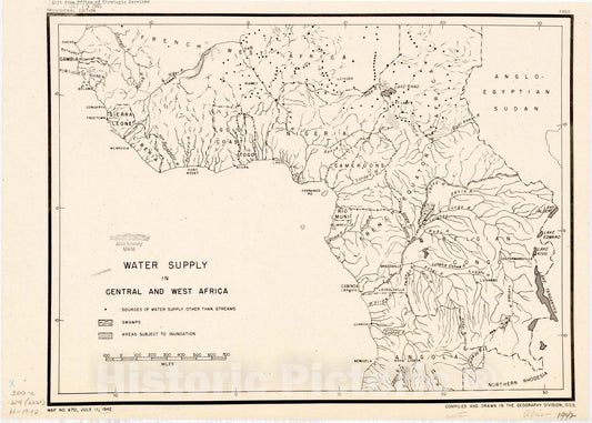 Map : Africa 1942, Water supply in central and west Africa , Antique Vintage Reproduction