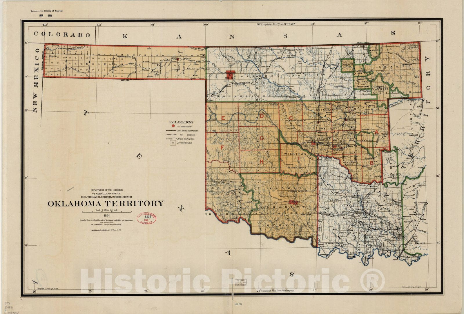 Map : Oklahoma 1891, Oklahoma Territory , Antique Vintage Reproduction