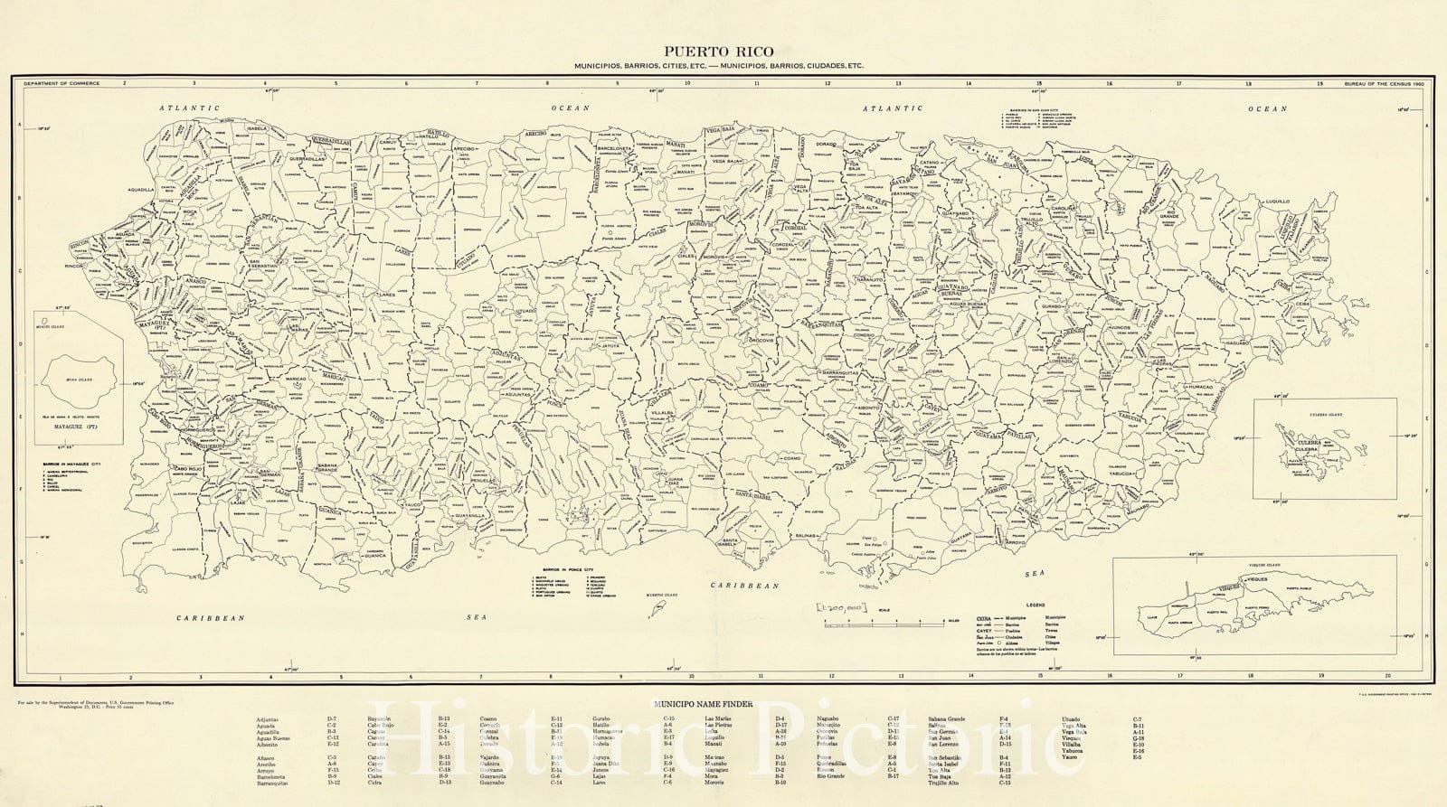 Map : Puerto Rico 1961, Puerto Rico : Municipios, barrios, cities, etc.--Muncipios, barrios, ciudades, etc. ... 1960 , Antique Vintage Reproduction