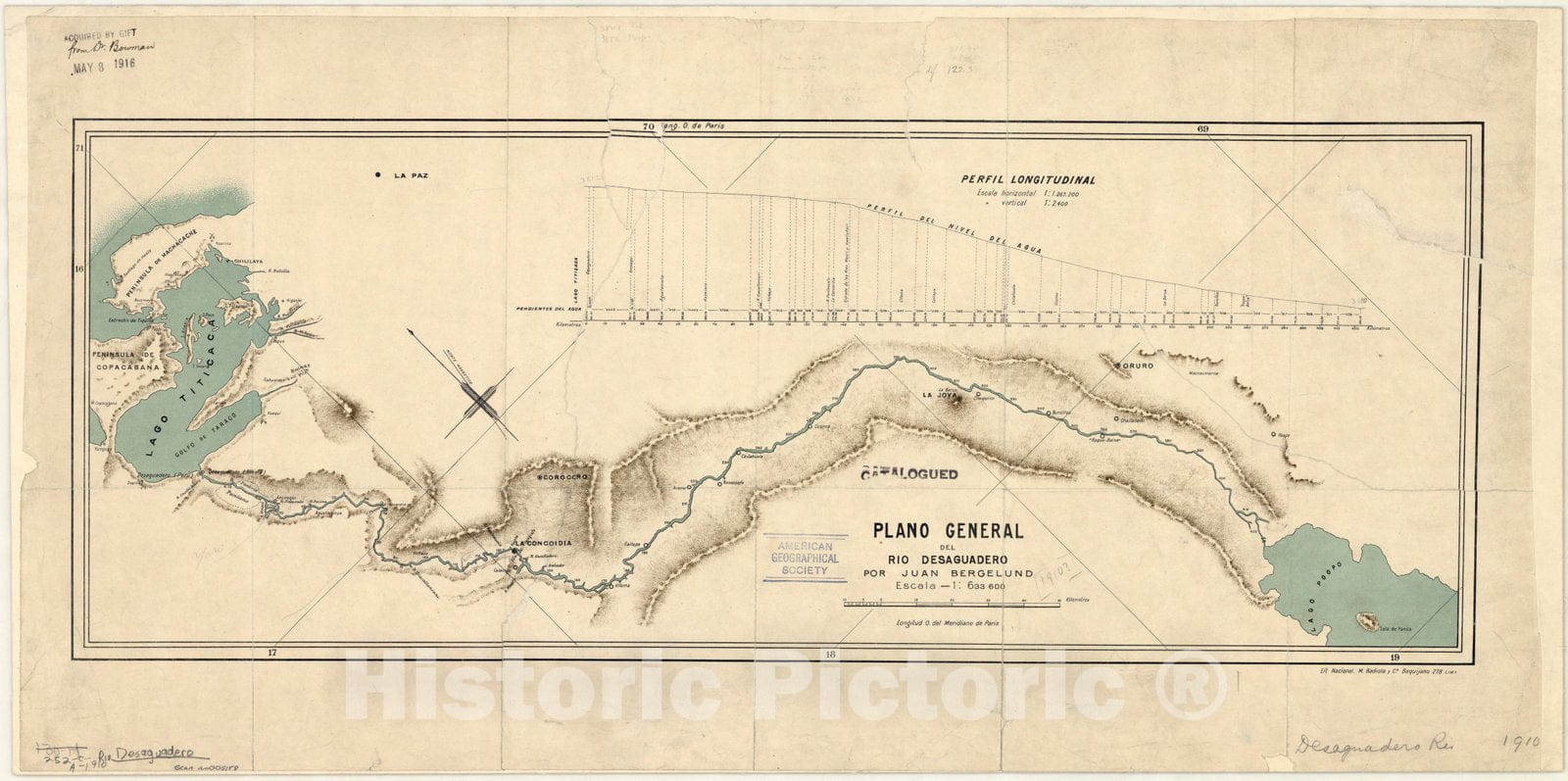 Map : Bolivia 1892, Plano general del Rio Desaguadero , Antique Vintage Reproduction