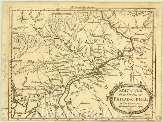 Map : Philadelphia, Pennsylvania 1777, Seat of war in the environs of Philadelphia: By Thos. Kitchin, Senr, Antique Vintage Reproduction