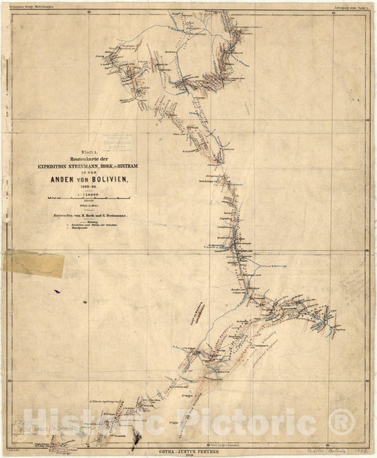 Map : Andes, Bolivia 1906, Routenkarte der Expedition Steinmann, Hoek, v. Bistram in den Anden Bolivien 1903-04 , Antique Vintage Reproduction