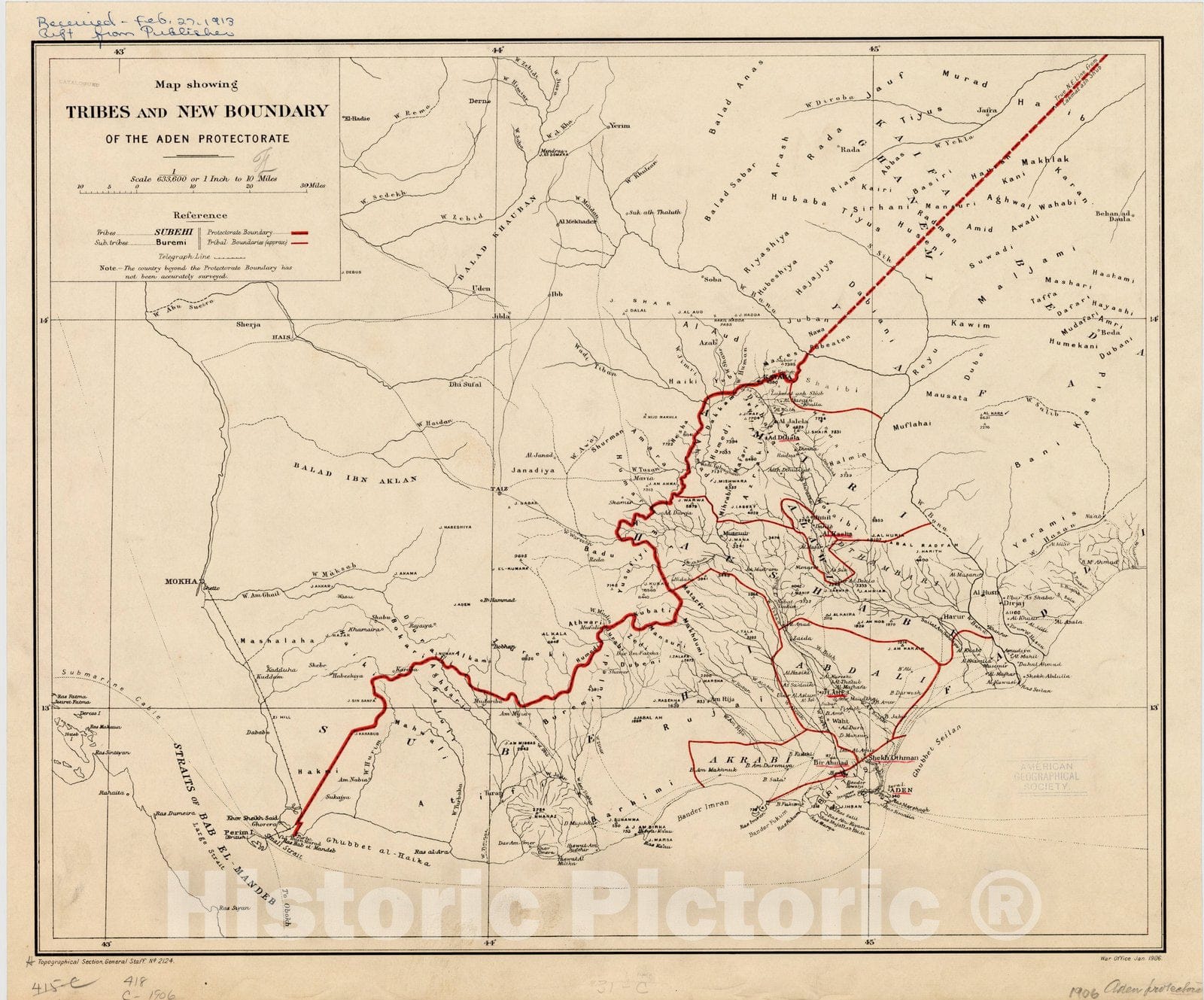 Map : Tribes of Aden 1906, Map showing tribes and new boundary of the Aden Protectorate, Antique Vintage Reproduction