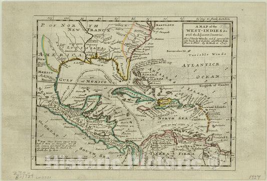 Map : West Indies 1732, A map of the West-Indies with the adjacent countries , Antique Vintage Reproduction