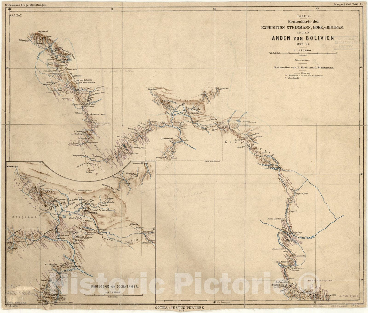 Map : Bolivia 1906, Routenkarte der Expedition Steinmann, Hoek, v. Bistram in den Anden Bolivien 1903-04 , Antique Vintage Reproduction