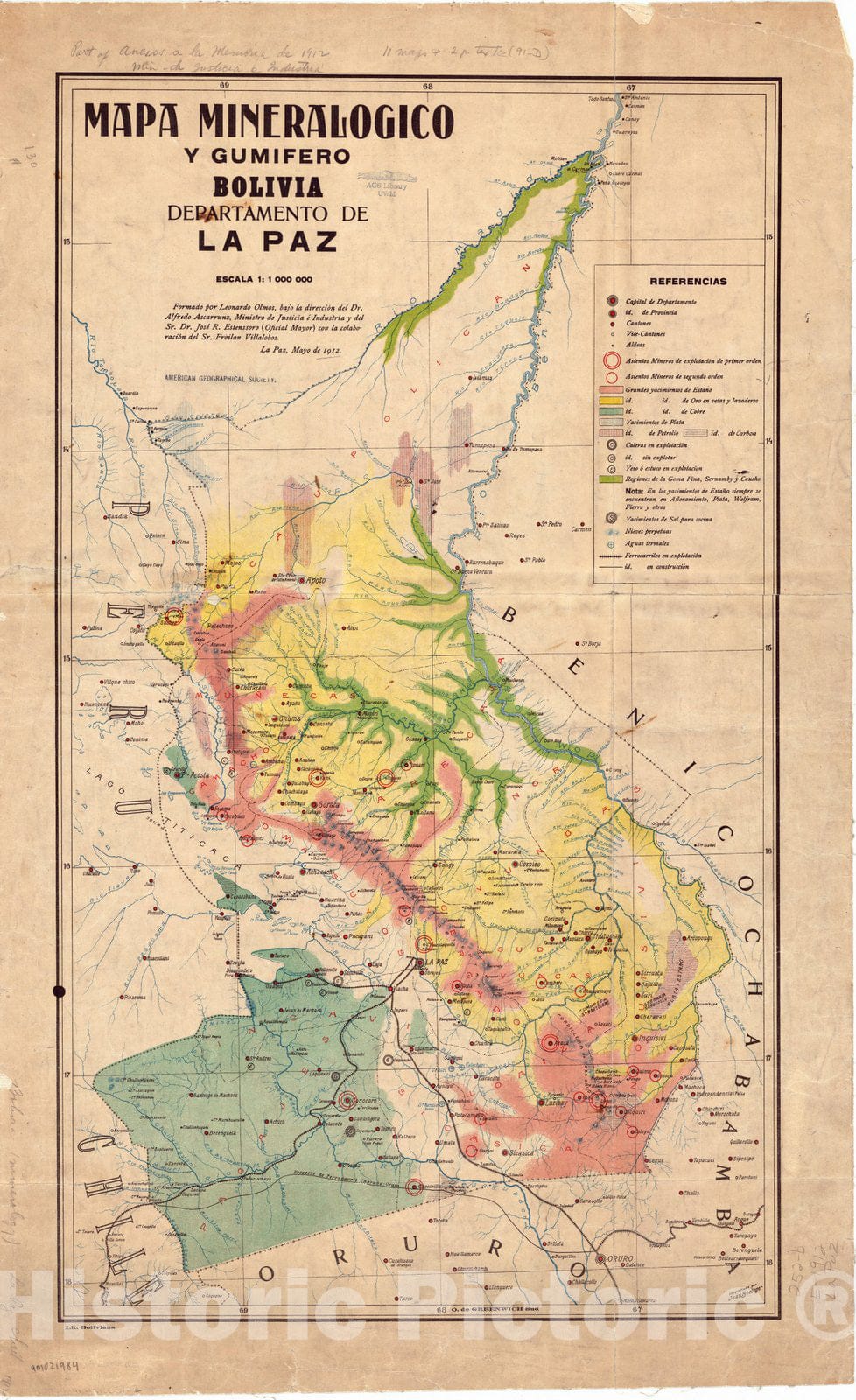 Map : La Paz, Bolivia 1912, Mapa mineralo?gico y gumifero Bolivia, Departamento de La Paz , Antique Vintage Reproduction