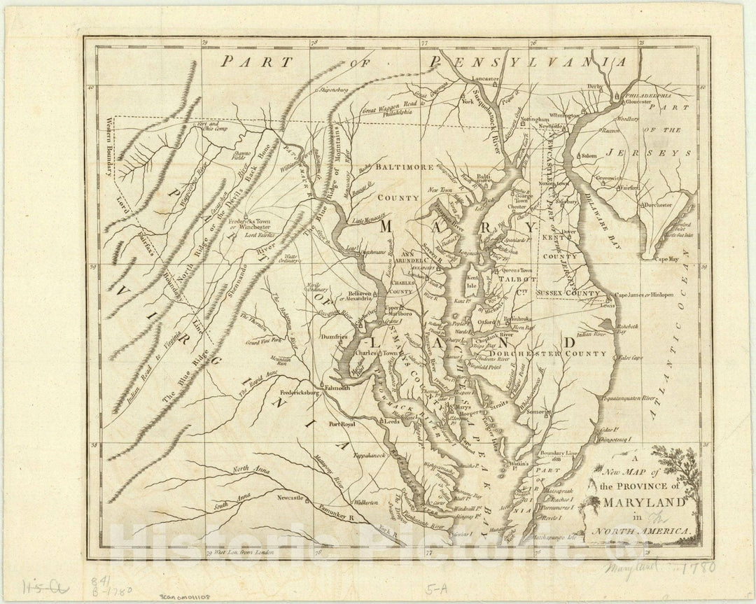 Map : Maryland 1780, A New map of the province of Maryland in North America, Antique Vintage Reproduction