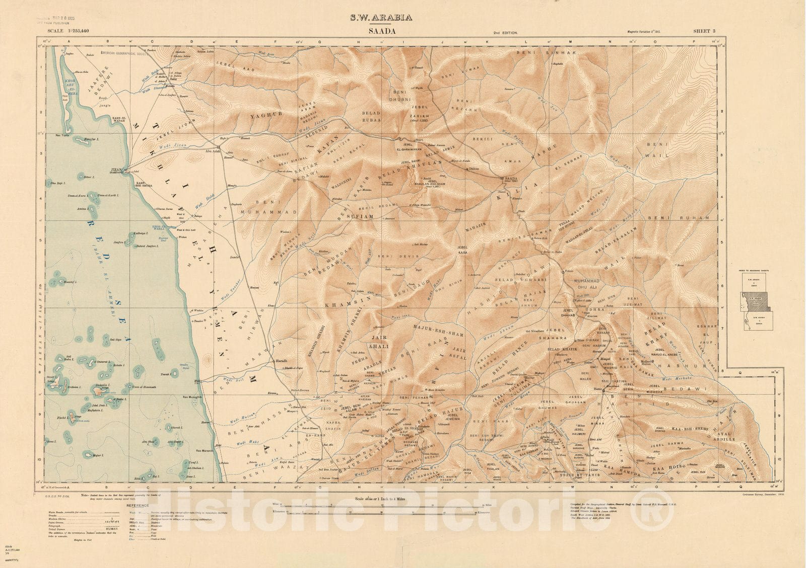 Map : Sadah, Yemen 1916, S.W. Arabia : Sheet 3 Saada , Antique Vintage Reproduction