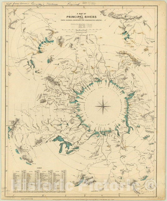 Map : World map 1834, A map of the principal rivers shewing their courses, countries, and comparative lengths , Antique Vintage Reproduction