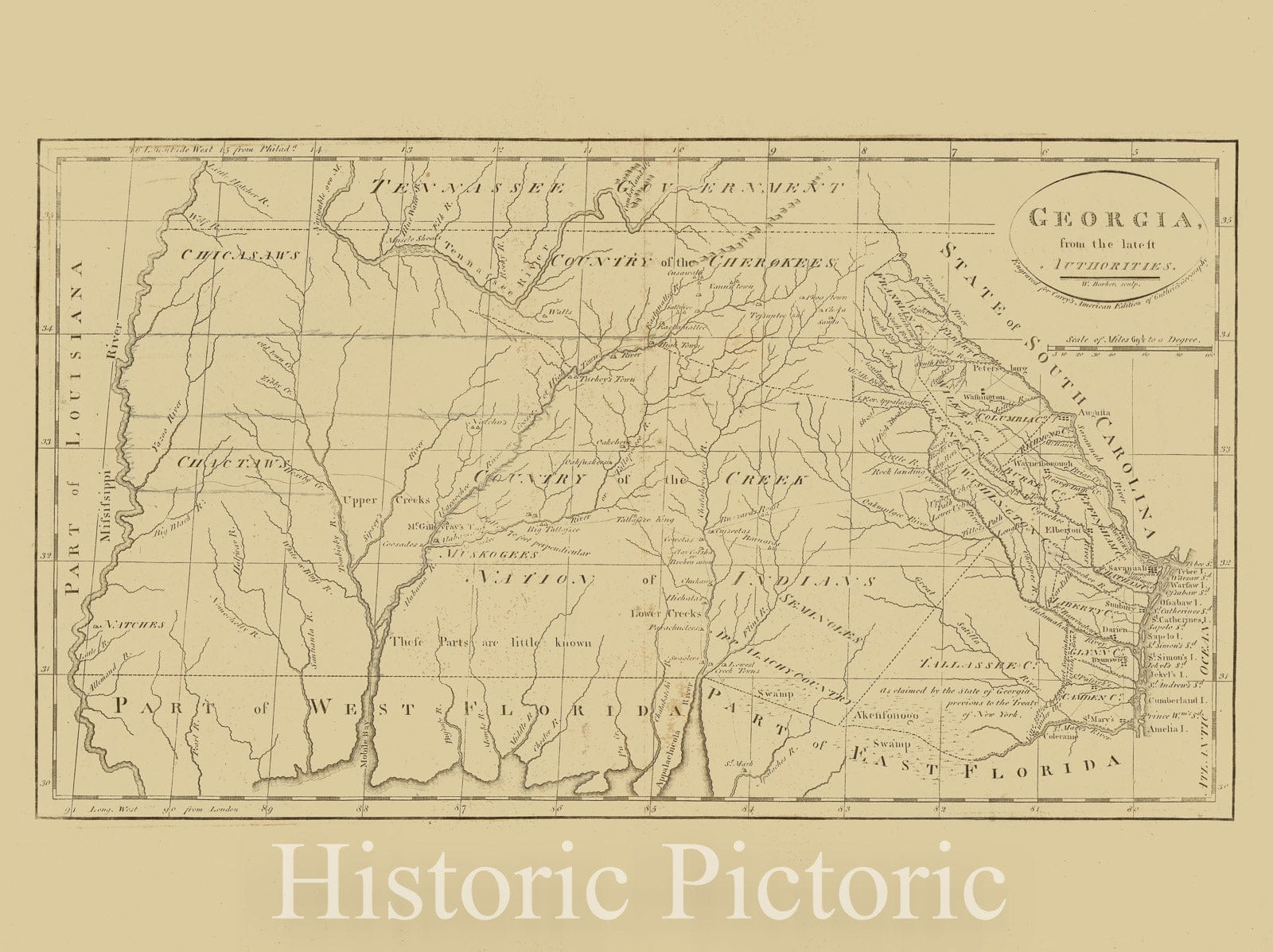 Map : Georgia 1795, Georgia, from the latest authorities , Antique Vintage Reproduction