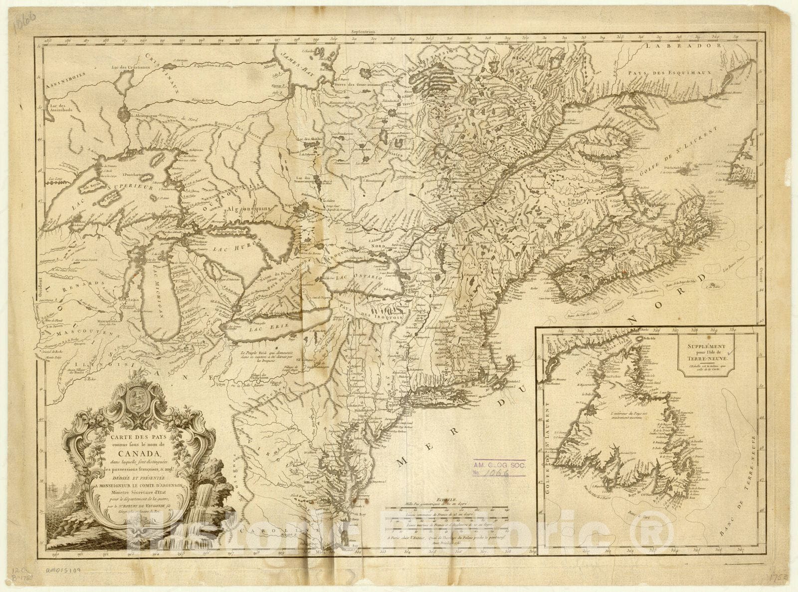 Map : Canada 1753, Carte des pays connus sous le nom de Canada, dans laquelle sont distinguees les possessions franc?oises, & angl? , Antique Vintage Reproduction