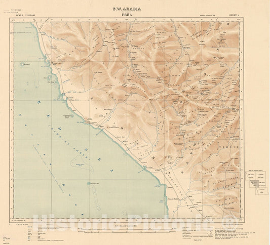 Map : Abha, Saudi Arabia 1917, S.W. Arabia : Sheet 4 Ebha , Antique Vintage Reproduction