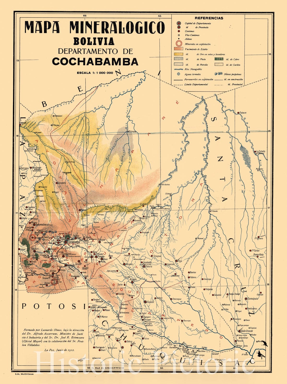 Map : Cochabamba, Bolivia 1912, Mapa mineralo?gico Bolivia, Departamento de Cochabamba , Antique Vintage Reproduction
