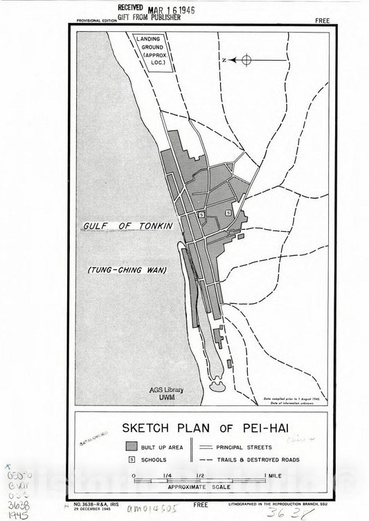 Map : Beihai, China 1945, Sketch plan of Pei-Hai , Antique Vintage Reproduction