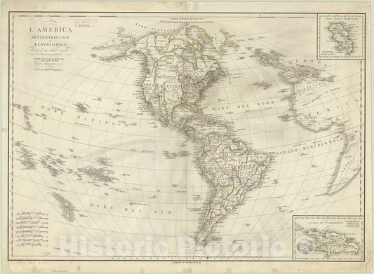 Map : America 1823, L'America settentrionale e meridionale : secondo le sue ultime scoperte e divisione politiche , Antique Vintage Reproduction