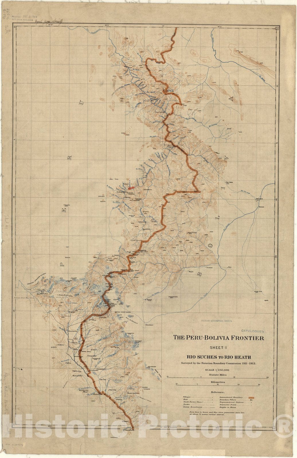 Map : Peru and Bolivia 1918, The Peru-Bolivia frontier , Antique Vintage Reproduction
