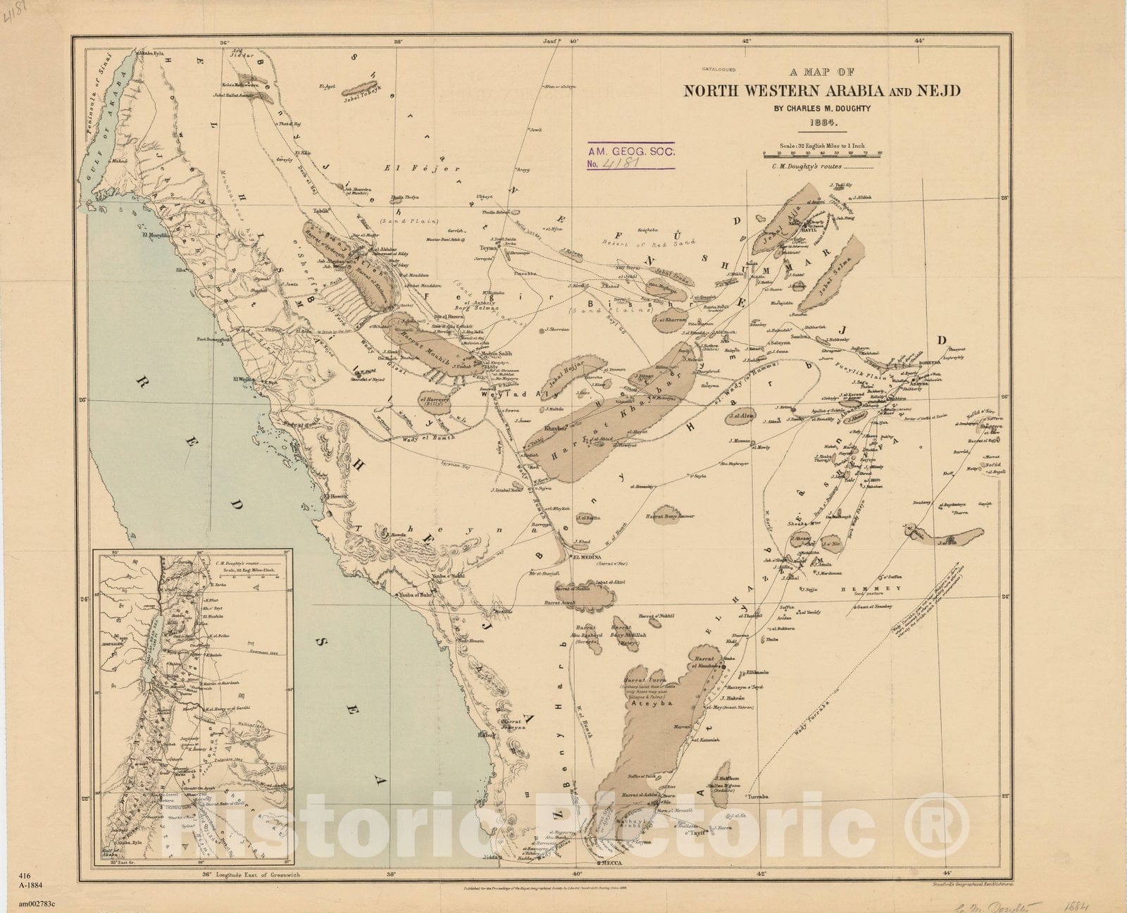 Map : Saudia Arabia north west 1884, A map of north western Arabia and Nejd , Antique Vintage Reproduction