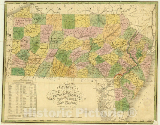 Map : Pennsylvania 1826, Map of Pennsylvania, New Jersey and Delaware : constructed from the latest authorities , Antique Vintage Reproduction