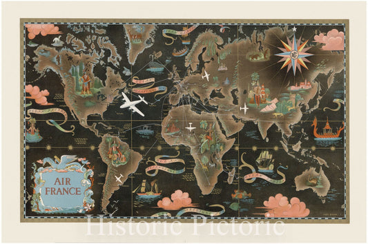 Map : World map 1947, Air France , Antique Vintage Reproduction