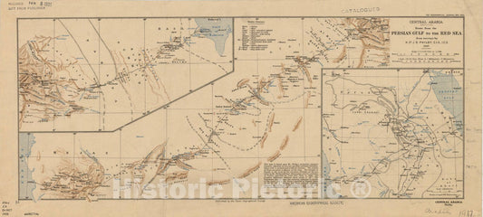 Map : Central Saudi Arabia 1920, Central Arabia : route from the Persian Gulf to the Red Sea from surveys by H. St. J.B. Philby ... 1917 , Antique Vintage Reproduction