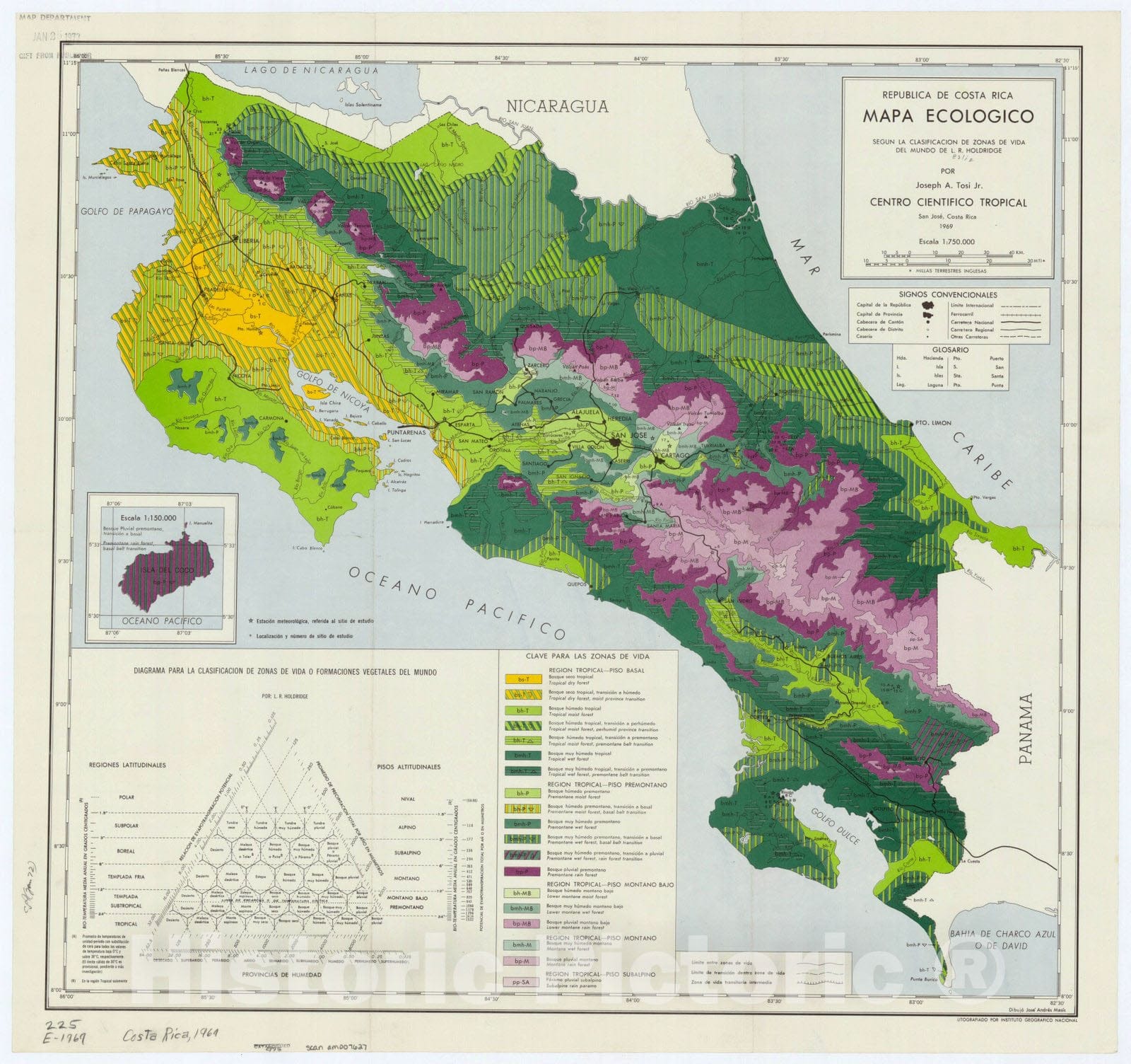 Map : Costa Rica 1969, Republica de Costa Rica, mapa ecologico , Antique Vintage Reproduction