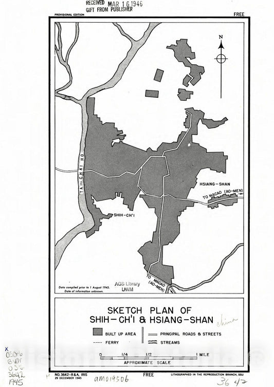 Map : China 1945, Sketch plan of Shih-ch'i & Hsiang-shan , Antique Vintage Reproduction