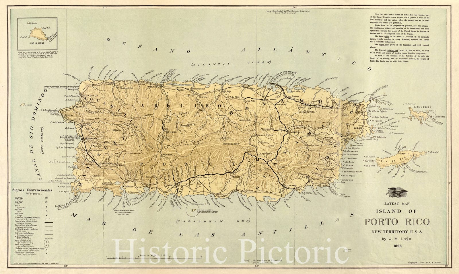 Map : Puerto Rico 1898, Latest map of island of Porto[sic] Rico, new territory U.S.A. , Antique Vintage Reproduction