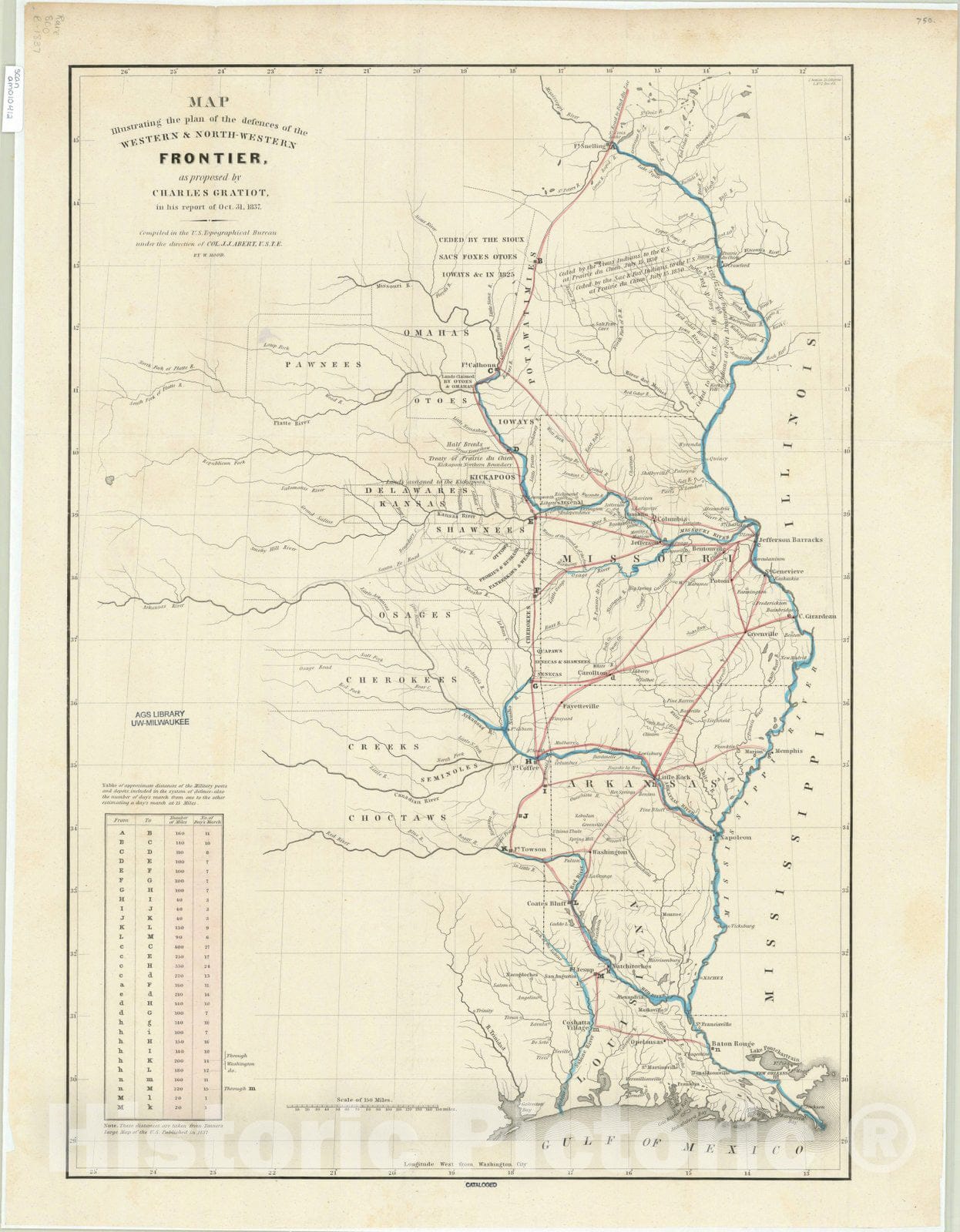 Map : United States 1837, Map illustrating the plan of the defences of the Western & North Western Frontier , Antique Vintage Reproduction