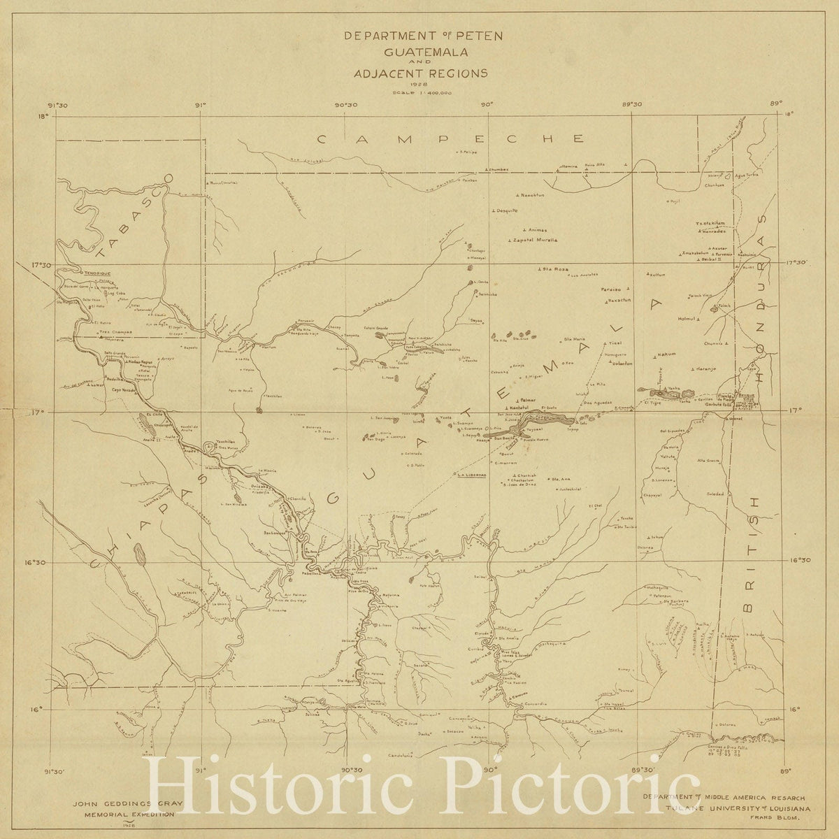 Map : Guatemala 1990, Department of Peten Guatemala and adjacent regions , Antique Vintage Reproduction