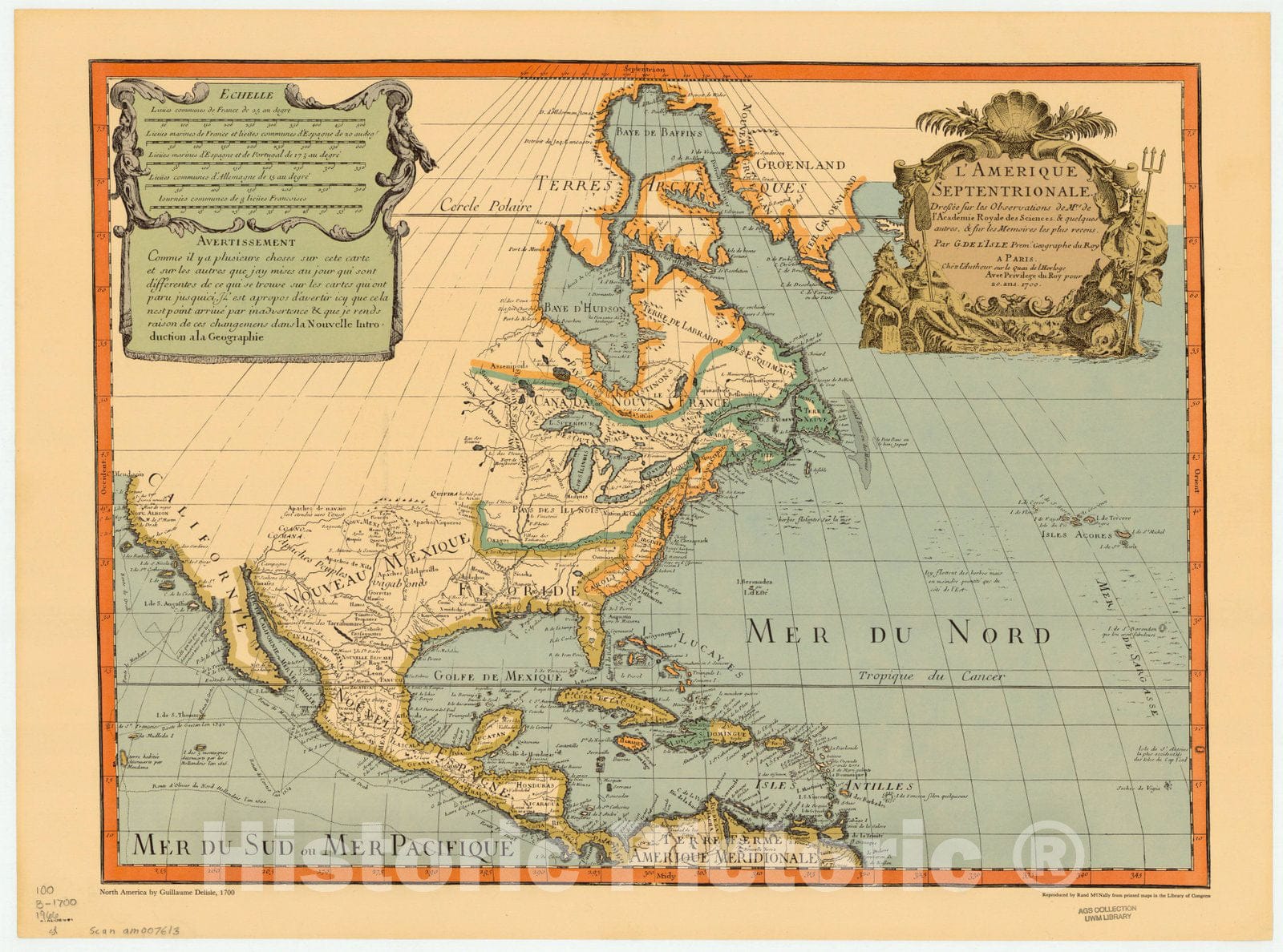 Map : North America 1700 1966, L'Amerique septentrionale. , Antique Vintage Reproduction