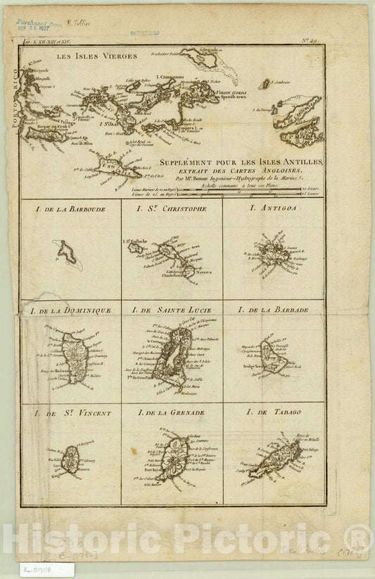 Map : West Indies 1780, Supplement pour les isles antilles : extrait des cartes angloises : les Isles Vierges , Antique Vintage Reproduction