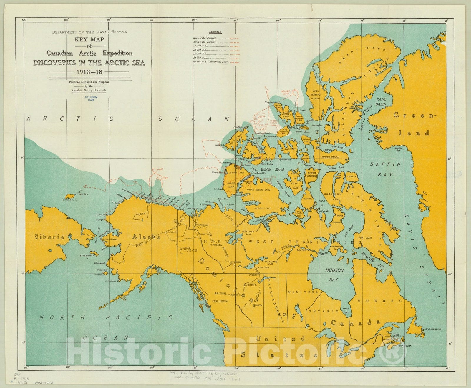 Map : Canadian north 1943, Key map of Canadian Arctic Expedition, discoveries in the Arctic Sea 1913 - 1914 and 1917 - 1918 , Antique Vintage Reproduction