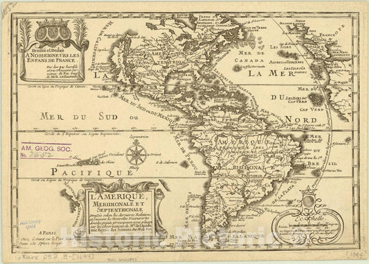 Map : America 1699, L'Amerique Meridionale et Septentrionale , Antique Vintage Reproduction