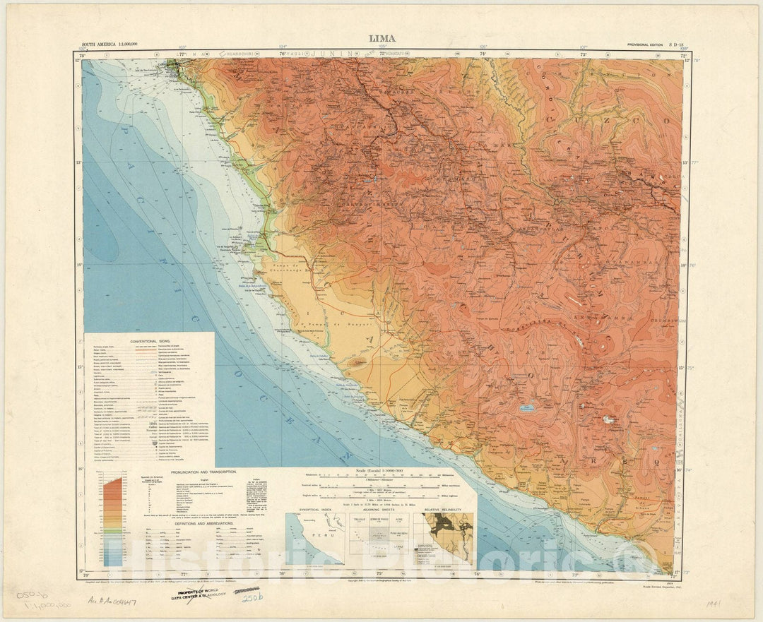 Map : Lima, Peru 1941, South America 1:1,000,000. Lima , Antique Vintage Reproduction