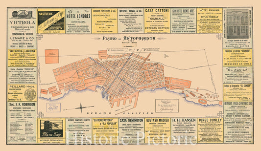 Map : Antofagasta, Chile 1923, Plano de Antofagasta 1923 , Antique Vintage Reproduction