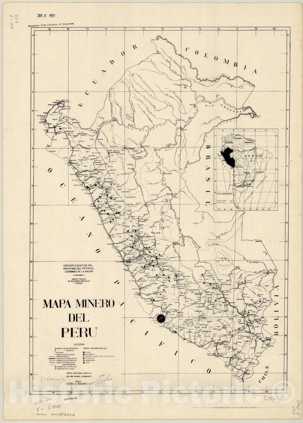 Map : Peru 1960 2, Mapa minero del Peru , Antique Vintage Reproduction